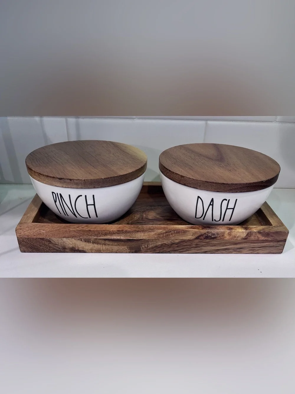 RAE DUNN SALT & PEPPER CELLAR SET WITH TRAY